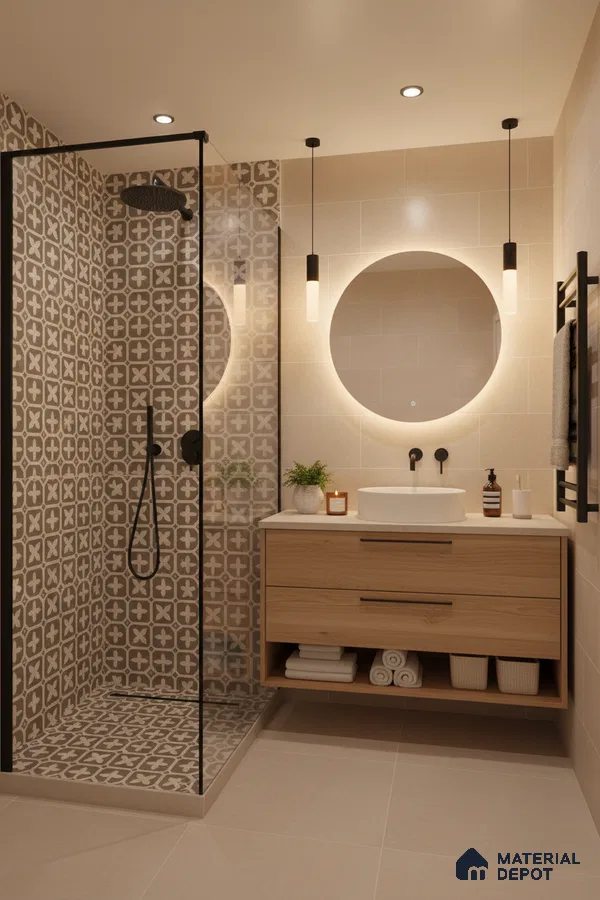 Scandinavian bathroom with beige patterned shower tiles, light wood floating vanity, and matte beige floor tiles in Bengaluru | Material Depot