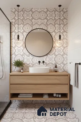 Scandinavian bathroom with beige patterned tiles and light oak floating vanity in Bengaluru | Material Depot