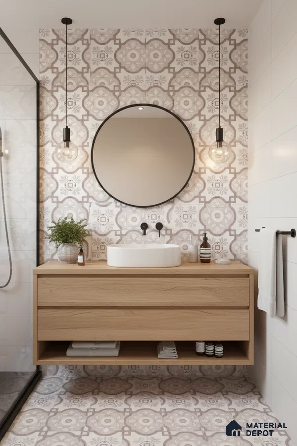 Scandinavian bathroom with beige patterned tiles and light oak floating vanity in Bengaluru | Material Depot