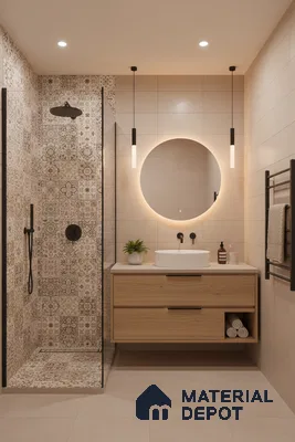 Scandinavian bathroom with beige patterned tiles, light wood floating vanity, and matte black fixtures in Bengaluru | Material Depot