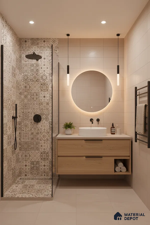 Scandinavian bathroom with beige patterned tiles, light wood floating vanity, and matte black fixtures in Bengaluru | Material Depot