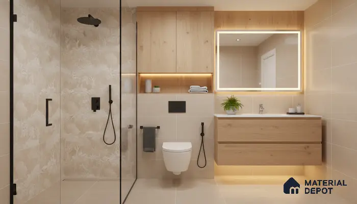 Scandinavian bathroom design with beige patterned wall tiles, light oak laminate vanity, and matte black fixtures in Bengaluru | Material Depot