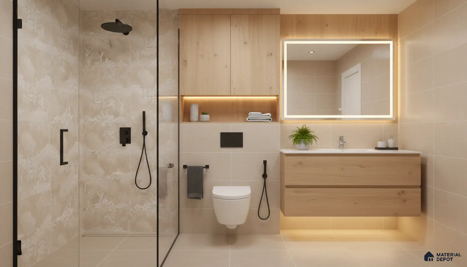 Scandinavian bathroom design with beige patterned wall tiles, light oak laminate vanity, and matte black fixtures in Bengaluru | Material Depot