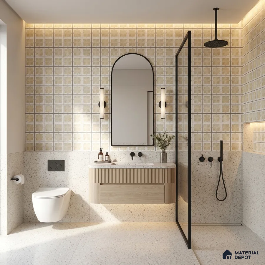 Scandinavian bathroom with beige patterned wall tiles, terrazzo floor, and fluted wood vanity