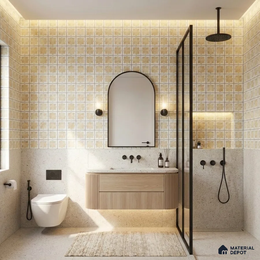 Scandinavian bathroom with beige patterned wall tiles, terrazzo floor, and fluted wood vanity