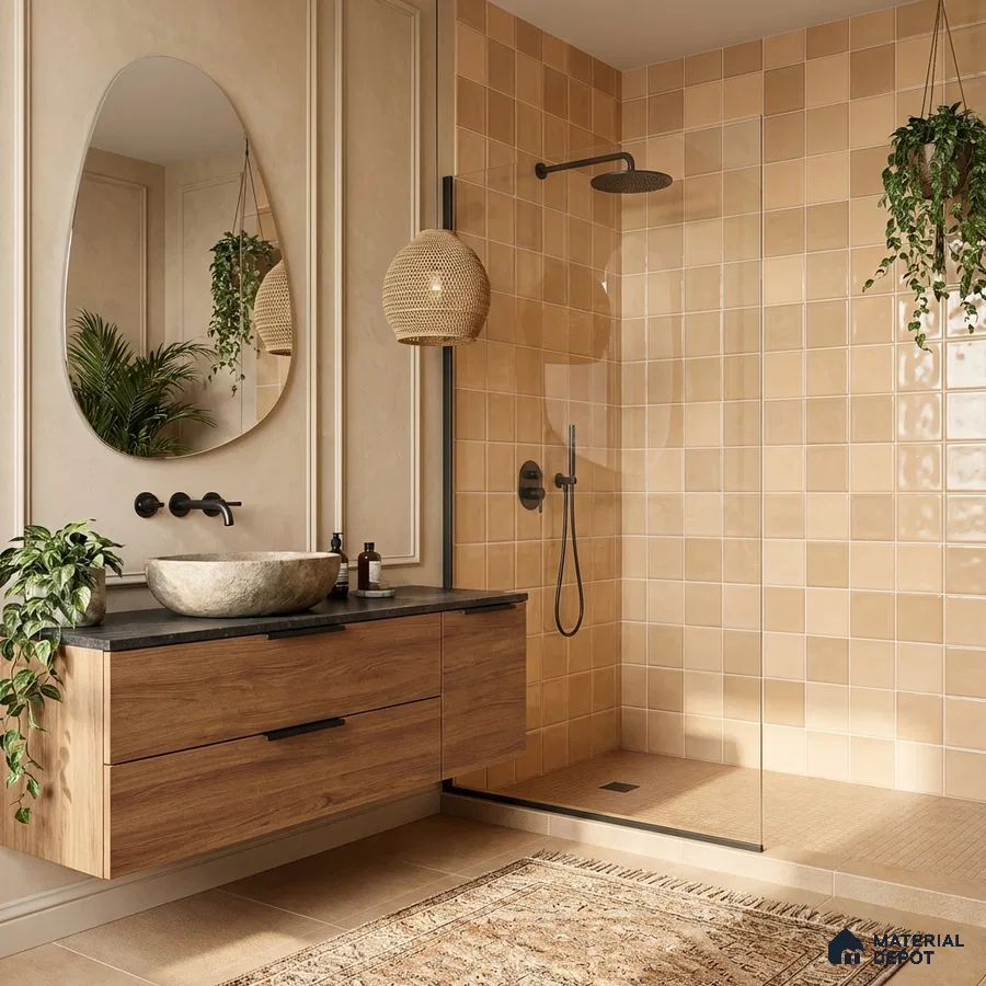 Scandinavian bathroom with beige square wall tiles, wooden vanity, and stone countertop
