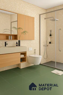 Scandinavian bathroom with beige terrazzo wall tiles, sage green floor tiles, and light wood vanity in Prestige Kew Gardens Bellandur 3 BHK Bengaluru Apartment