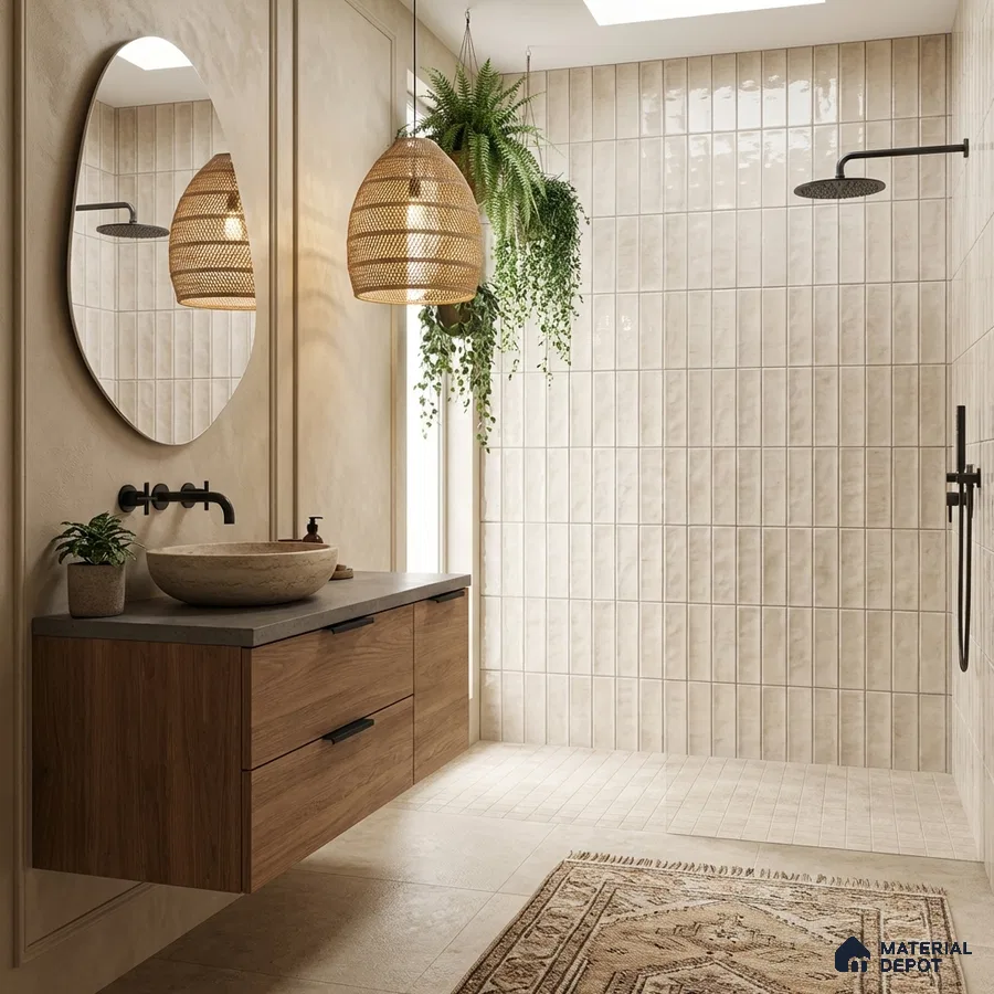 Scandinavian bathroom with beige vertical subway wall tiles and wood laminate floating vanity