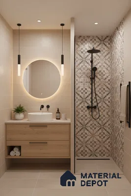 Scandinavian bathroom with beige wall tiles, patterned shower wall tiles, and light oak floating vanity in Bengaluru | Material Depot