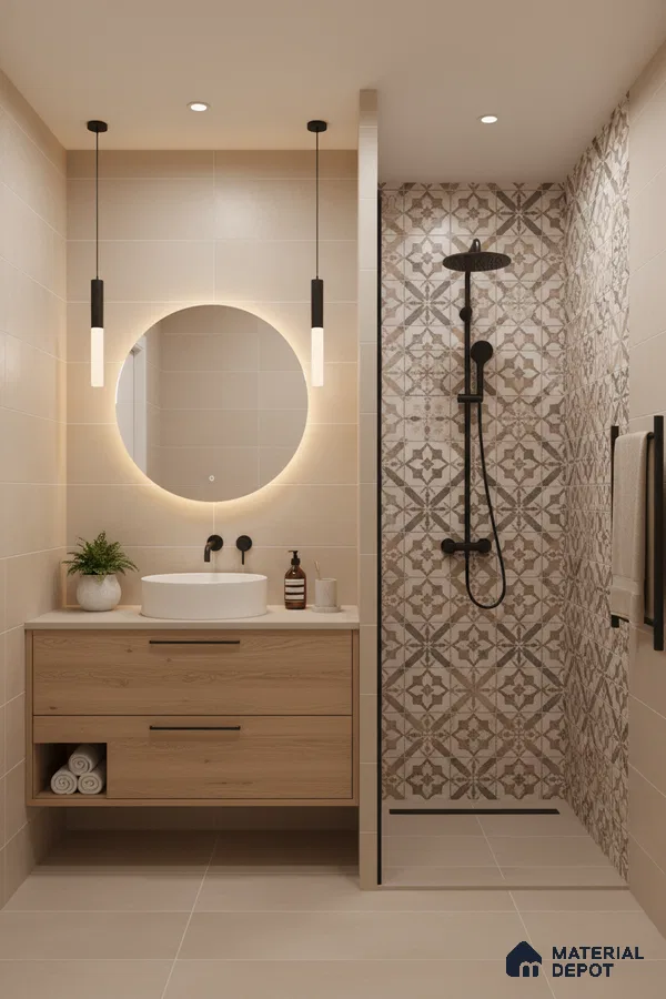 Scandinavian bathroom with beige wall tiles, patterned shower wall tiles, and light oak floating vanity in Bengaluru | Material Depot