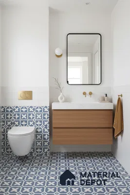 Scandinavian bathroom with blue and white geometric patterned tiles and light oak vanity in Bengaluru | Material Depot