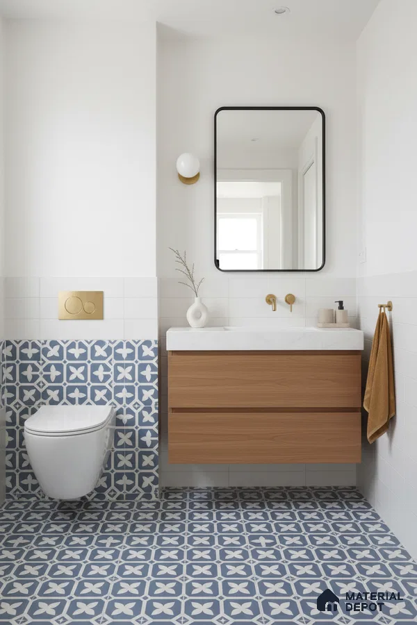 Scandinavian bathroom with blue and white geometric patterned tiles and light oak vanity in Bengaluru | Material Depot