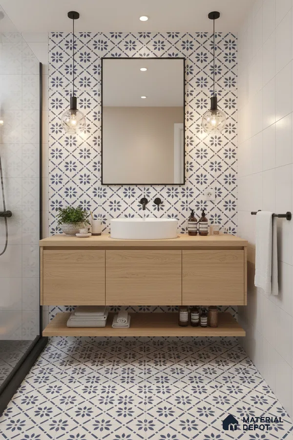 Scandinavian bathroom with blue floral patterned tiles and light oak floating vanity in Bengaluru | Material Depot