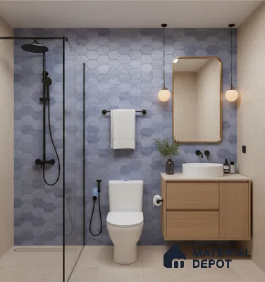 Scandinavian bathroom with blue hexagonal wall tiles, beige floor tiles, and light oak vanity | Material Depot