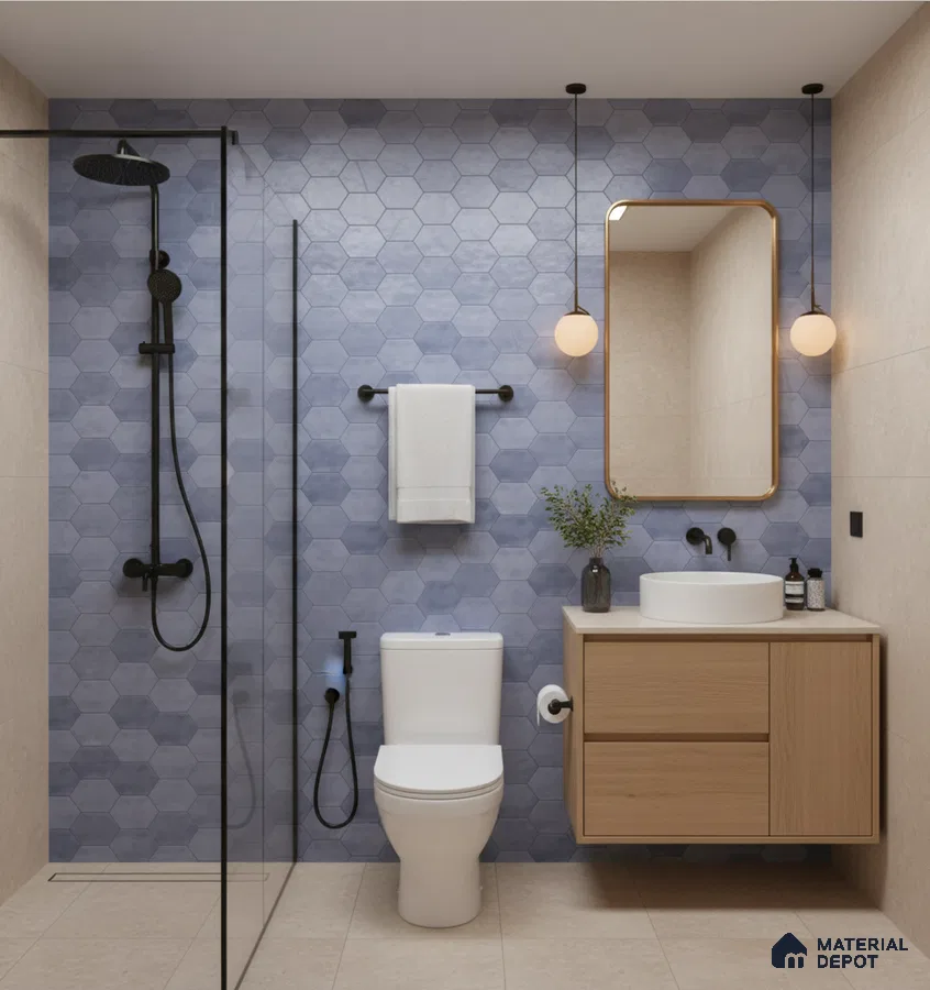 Scandinavian bathroom with blue hexagonal wall tiles, beige floor tiles, and light oak vanity | Material Depot