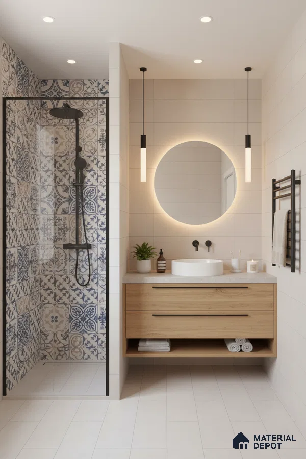 Scandinavian bathroom with blue patterned moroccan shower tiles, light wood vanity, and matte white wall tiles in Bengaluru | Material Depot