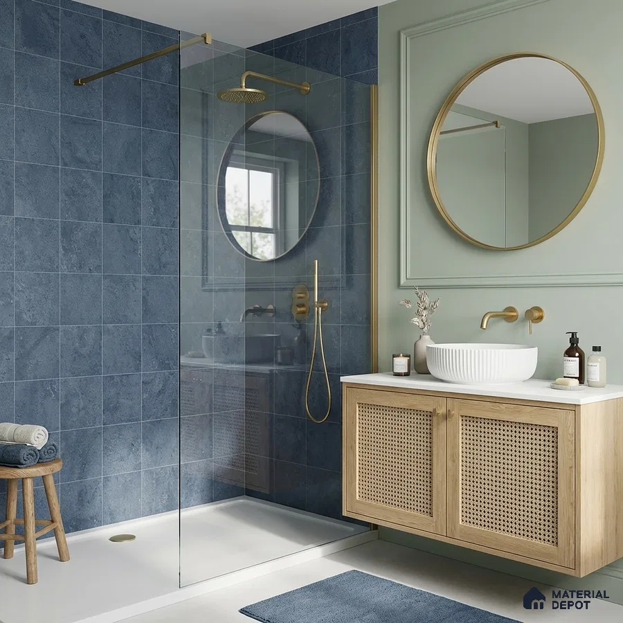 Scandinavian bathroom with blue stone wall tiles and cane-front wooden vanity