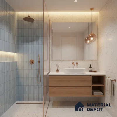 Scandinavian bathroom with blue vertical subway wall tiles, terrazzo floor and wall tiles, and light oak floating vanity | Material Depot