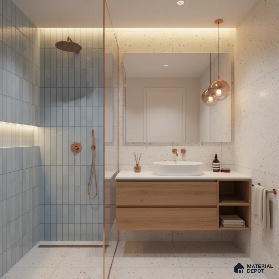 Scandinavian bathroom with blue vertical subway wall tiles, terrazzo floor and wall tiles, and light oak floating vanity | Material Depot