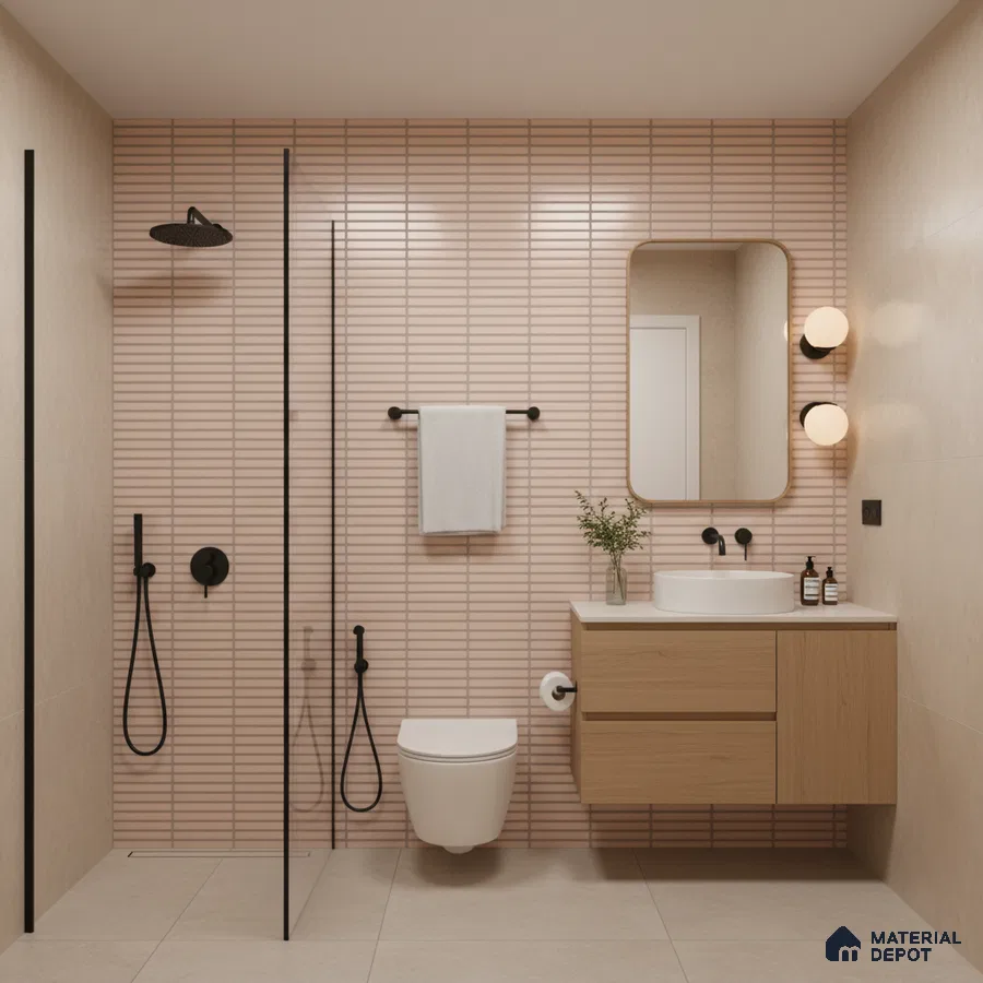 Scandinavian bathroom with blush pink kitkat wall tiles, beige floor tiles, and light oak floating vanity | Material Depot