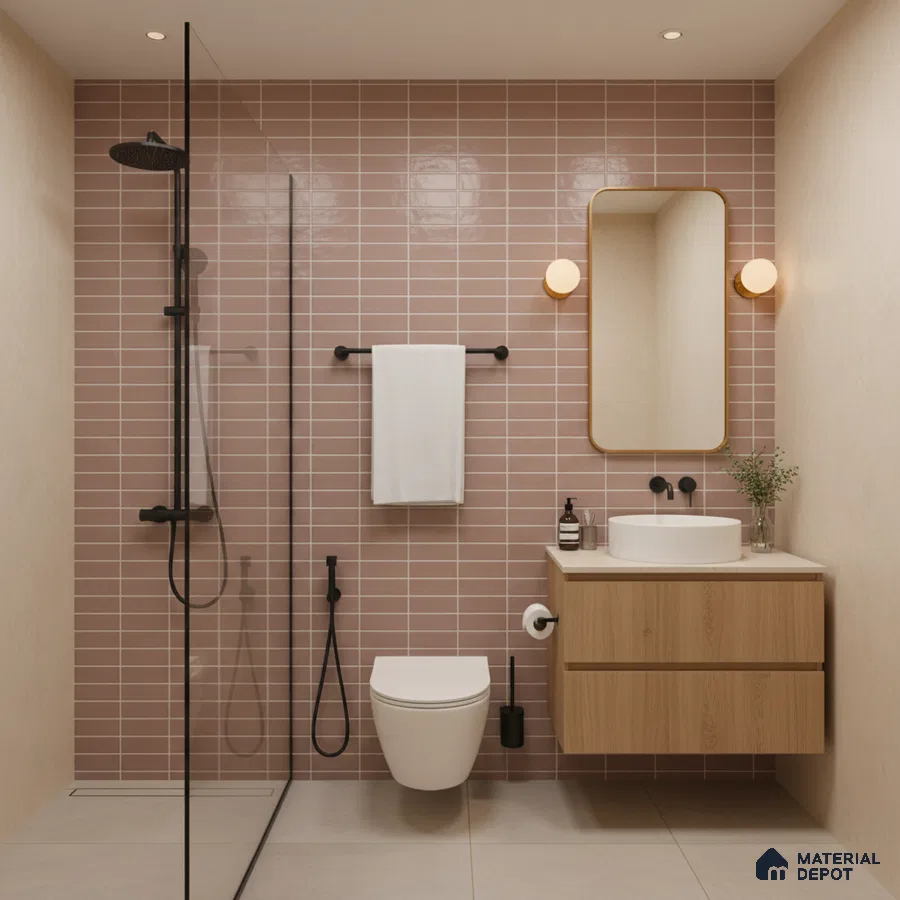 Scandinavian bathroom with blush pink subway wall tiles, light wood floating vanity, and beige floor tiles | Material Depot