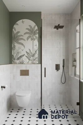 Scandinavian bathroom with botanical accent tile, white grid wall tiles, and black-and-white geometric floor tiles | Material Depot