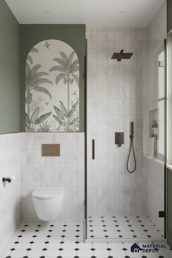 Scandinavian bathroom with botanical accent tile, white grid wall tiles, and black-and-white geometric floor tiles | Material Depot