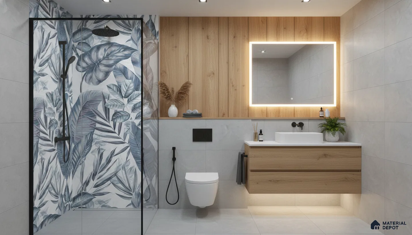 Scandinavian bathroom design with botanical highlighter wall tile, light oak wood laminate vanity, and large format grey floor tiles in Bengaluru | Material Depot