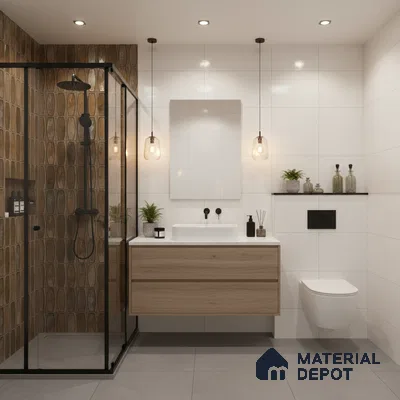 Scandinavian bathroom with brown geometric wall tiles, white wall tiles, and light oak vanity | Material Depot