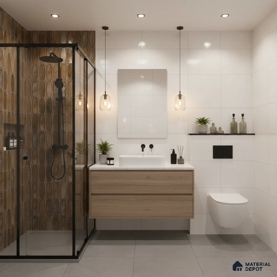 Scandinavian bathroom with brown geometric wall tiles, white wall tiles, and light oak vanity | Material Depot