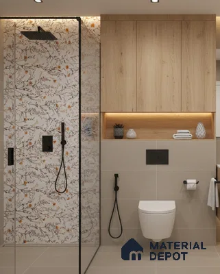 Scandinavian bathroom design with floral highlighter wall tile, beige floor tile, and light oak laminate cabinets in Bengaluru | Material Depot