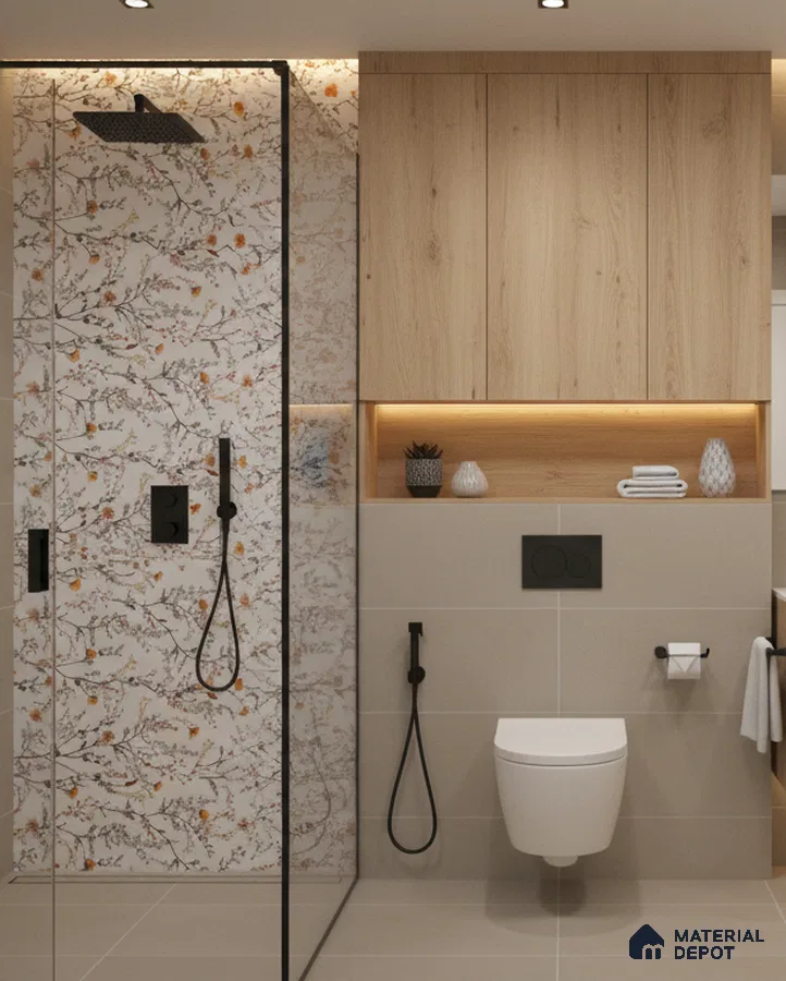 Scandinavian bathroom design with floral highlighter wall tile, beige floor tile, and light oak laminate cabinets in Bengaluru | Material Depot