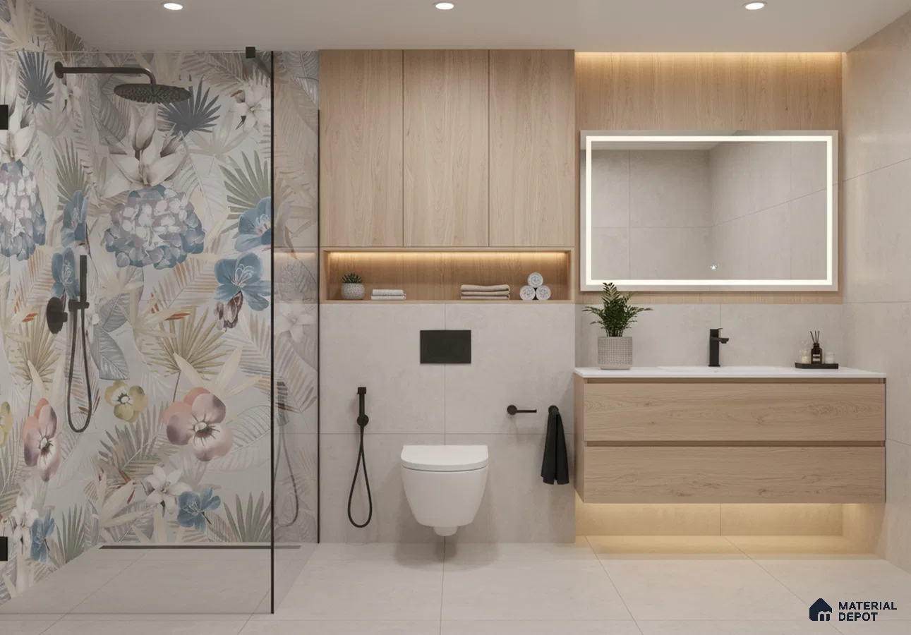 Scandinavian bathroom design with floral highlighter wall tile, light oak laminate vanity, and beige matte floor tiles in Bengaluru | Material Depot