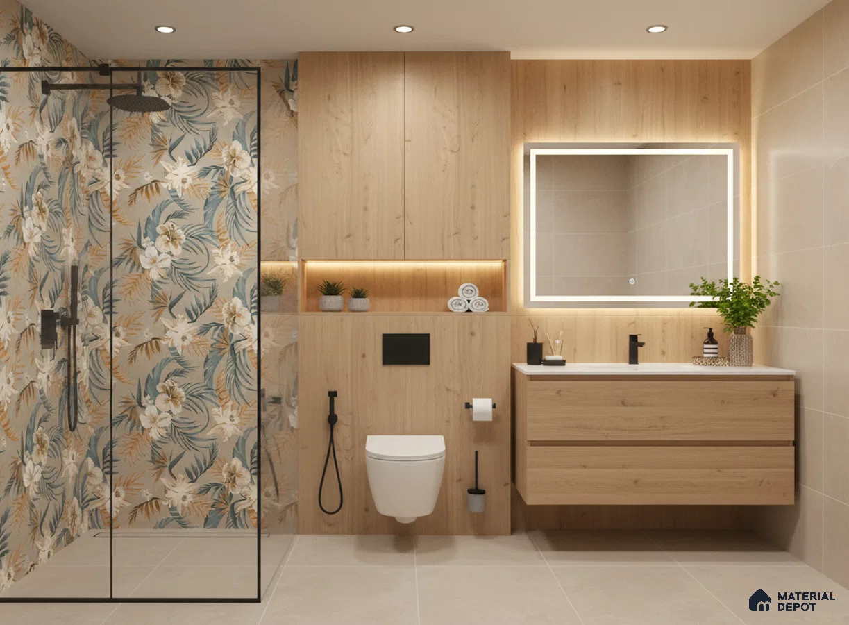 Scandinavian bathroom design with floral highlighter wall tiles, light oak wood laminate vanity, and beige floor tiles in Bengaluru | Material Depot