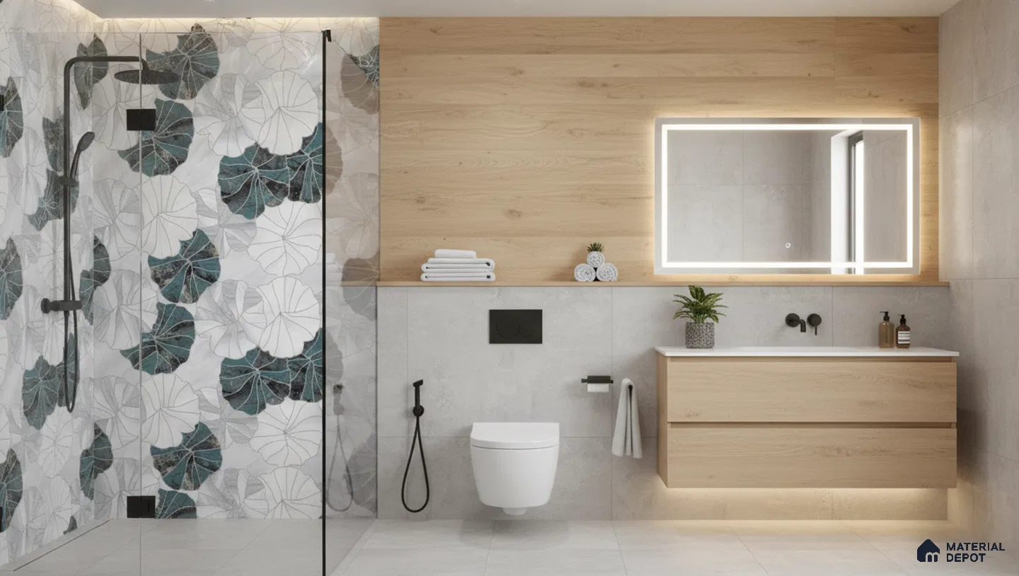 Scandinavian bathroom design with floral highlighter wall tiles, light oak wood laminate vanity, and grey stone floor tiles in Bengaluru | Material Depot