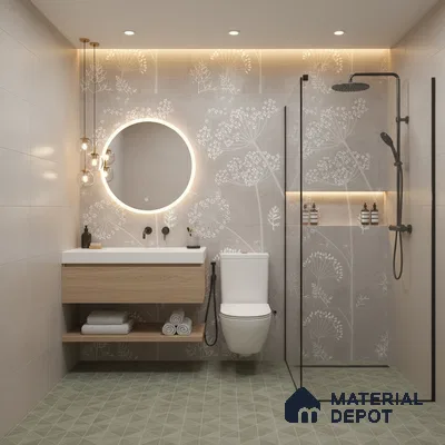 Scandinavian bathroom design with floral patterned wall tiles, light wood vanity, and sage green geometric floor tiles in Bengaluru | Material Depot
