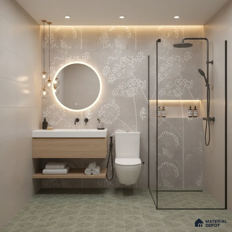 Scandinavian bathroom design with floral patterned wall tiles, light wood vanity, and sage green geometric floor tiles in Bengaluru | Material Depot