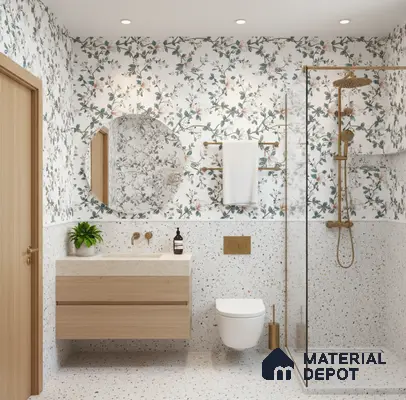 Scandinavian bathroom design with floral patterned wall tiles, terrazzo floor and wall tiles, and light wood floating vanity in Bengaluru | Material Depot