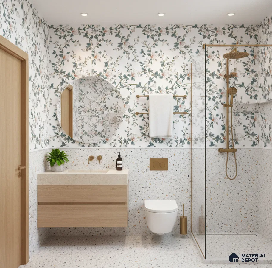 Scandinavian bathroom design with floral patterned wall tiles, terrazzo floor and wall tiles, and light wood floating vanity in Bengaluru | Material Depot