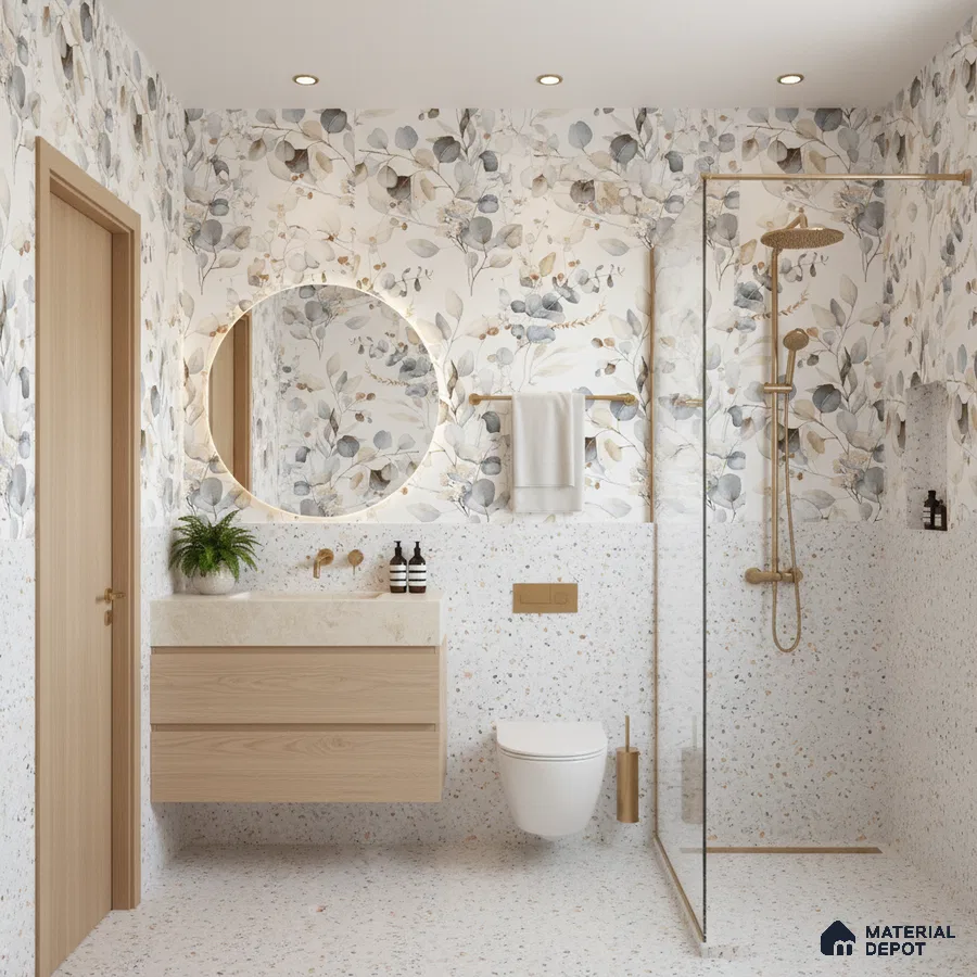 Scandinavian bathroom design with floral tile, terrazzo tiles, and light wood floating vanity in Bengaluru | Material Depot