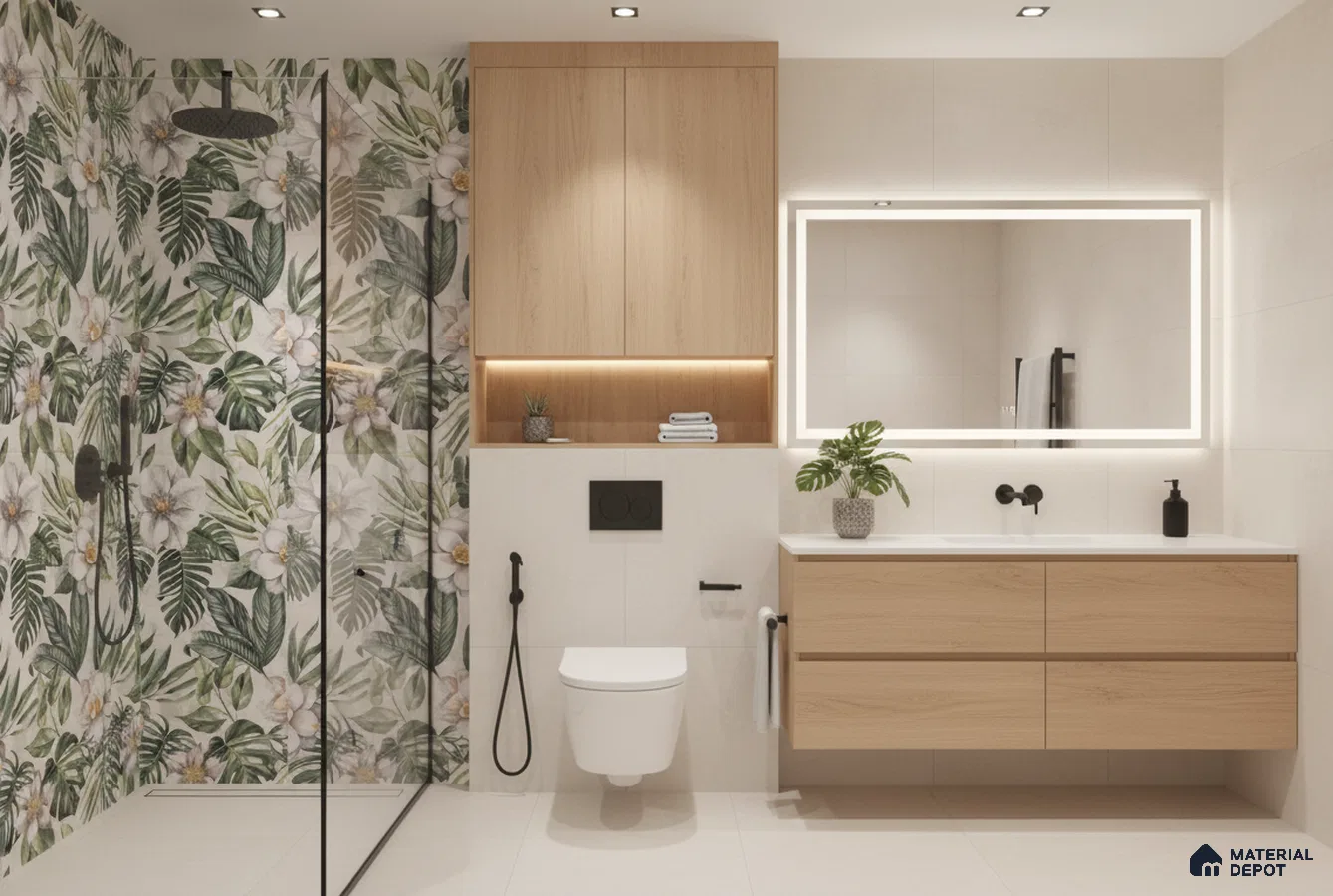 Scandinavian bathroom design with floral tropical highlighter wall tiles and light oak laminate vanity in Bengaluru | Material Depot