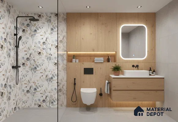 Scandinavian bathroom design with floral wall tiles, light oak wood laminate vanity, and soft grey floor tiles in Bengaluru | Material Depot