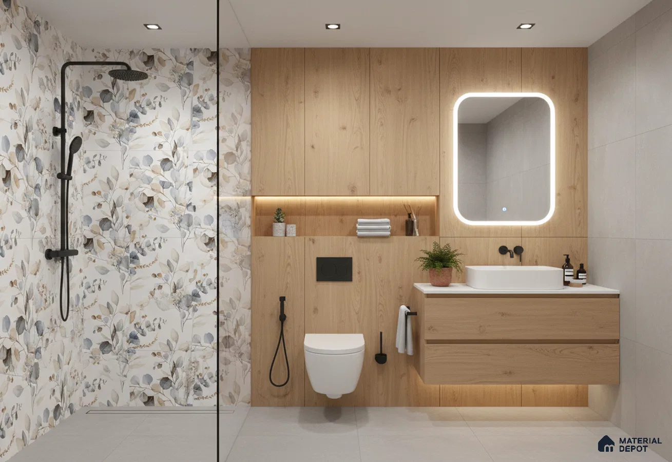 Scandinavian bathroom design with floral wall tiles, light oak wood laminate vanity, and soft grey floor tiles in Bengaluru | Material Depot