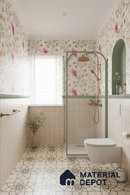 Scandinavian bathroom with floral wallpaper, beige grid wall tiles, and patterned green floor tiles in Bengaluru | Material Depot
