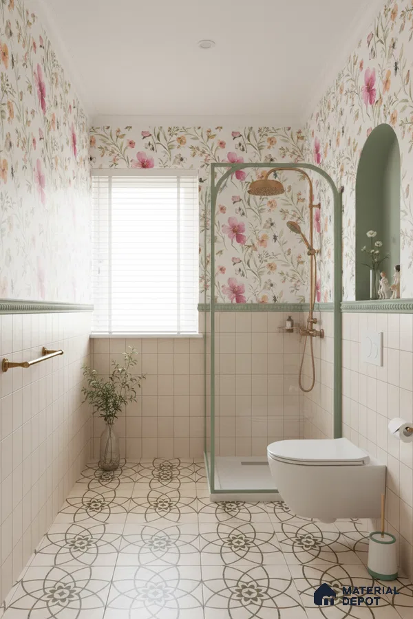 Scandinavian bathroom with floral wallpaper, beige grid wall tiles, and patterned green floor tiles in Bengaluru | Material Depot
