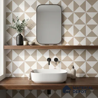 Scandinavian bathroom with geometric beige and white wall tiles and walnut wood countertop