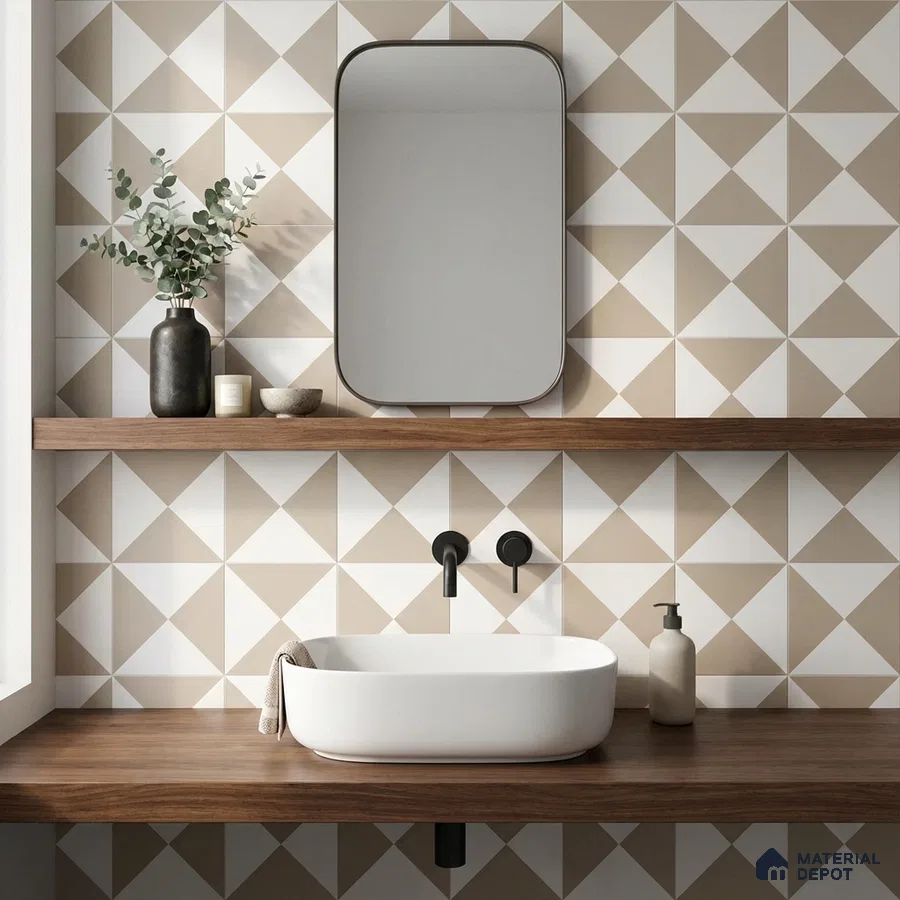 Scandinavian bathroom with geometric beige and white wall tiles and walnut wood countertop
