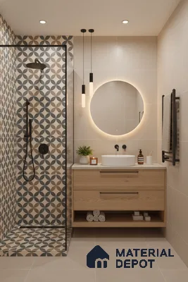 Scandinavian bathroom with geometric patterned shower tiles and light oak vanity in Bengaluru | Material Depot