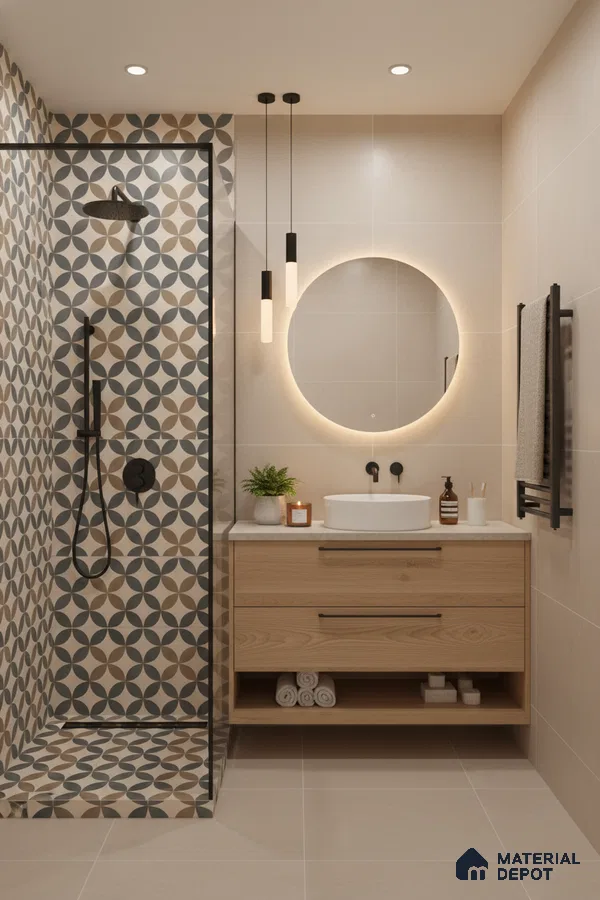 Scandinavian bathroom with geometric patterned shower tiles and light oak vanity in Bengaluru | Material Depot