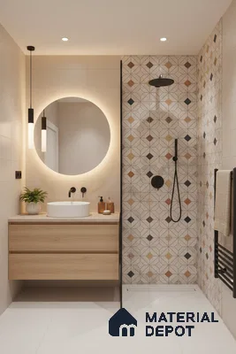 Scandinavian bathroom with geometric patterned shower wall tiles and light oak vanity in Bengaluru | Material Depot